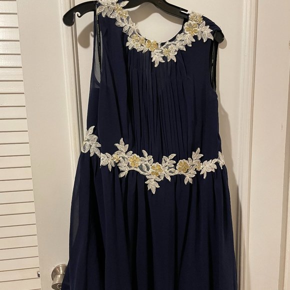 Navy Formal Dress with White Lace Trim - Picture 1 of 2